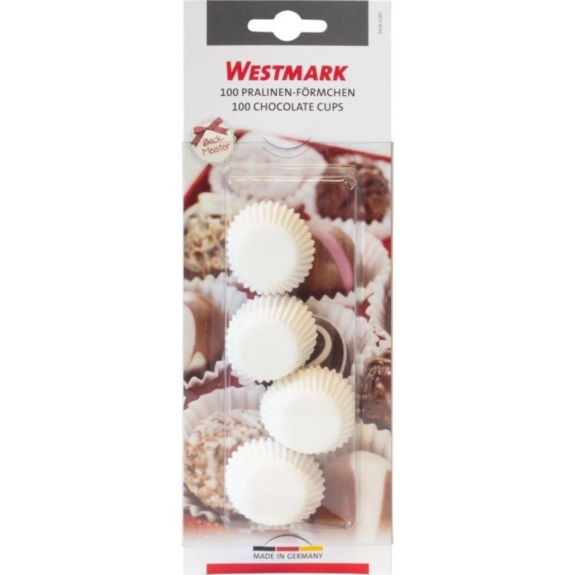 Praktische weisse Papierförmchen von Westmark, 100 Stück, perfekt für Pralinen, Süssigkeiten und Backwaren, hygienisch und vielseitig einsetzbar.