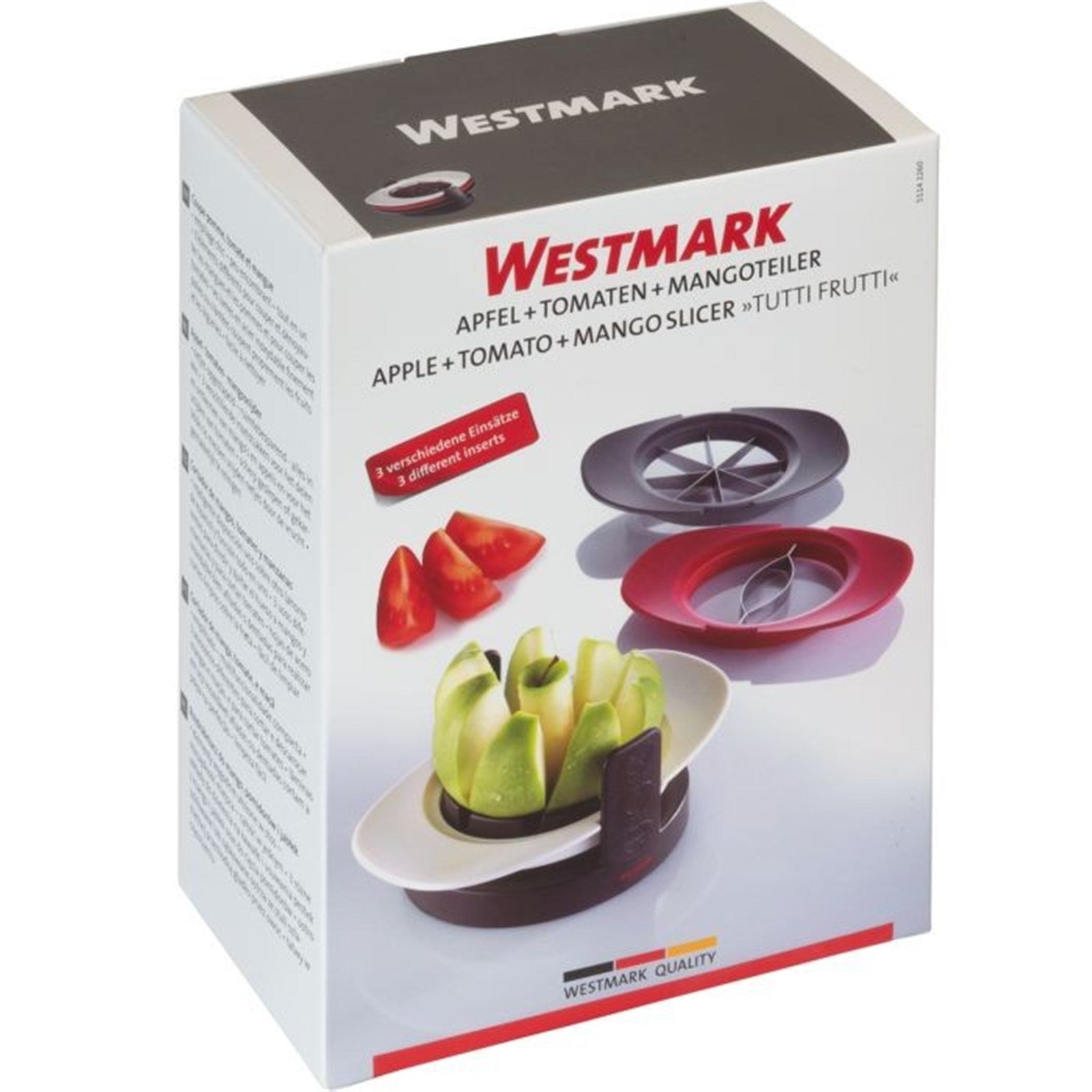 Der Westmark Tutti Frutti Teiler schneidet und entkernt Äpfel, Tomaten und Mangos präzise. Perfekt für die einfache Küchenarbeit.