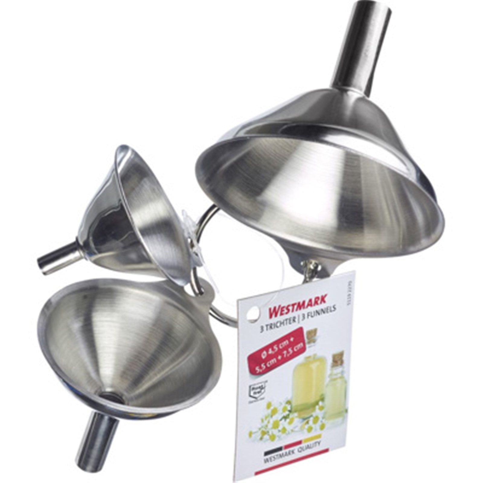 Praktisches 3-teiliges Edelstahl-Trichter-Set von Westmark, perfekt für genaues Umfüllen, Durchmesser: 45, 55, 75 mm.
