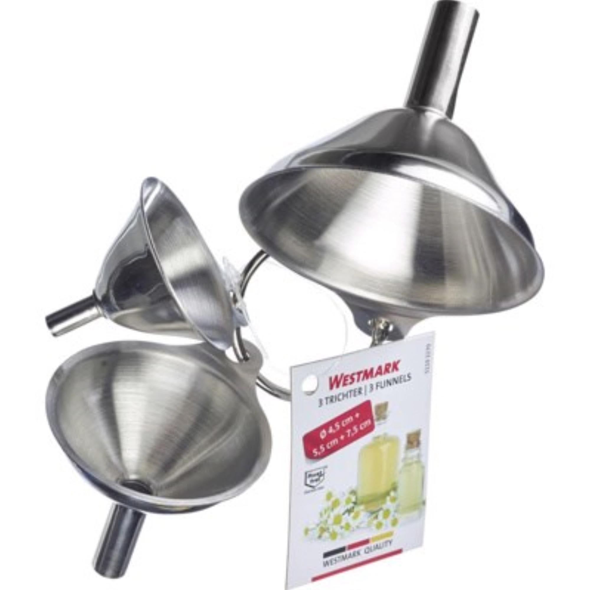 3-teiliges Edelstahl-Trichter-Set von Westmark, perfekt für präzises Umfüllen, Durchmesser: 45, 55, 75 mm, robust und vielseitig.