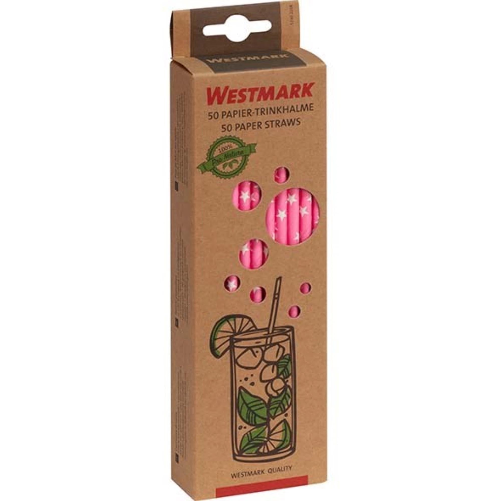 Rosa Papier-Trinkhalme mit weissen Sternen, 19,7 cm, ideal für Partys, nachhaltig und stilvoll, 50 Stück von Westmark.
