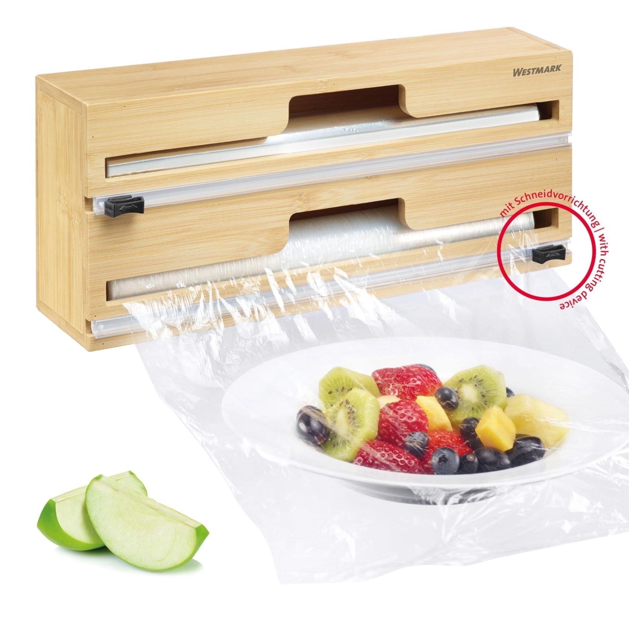 Praktischer Folienspender von Westmark mit Schneidvorrichtung, perfekt für einfaches und genaues Zuschneiden von Folien.