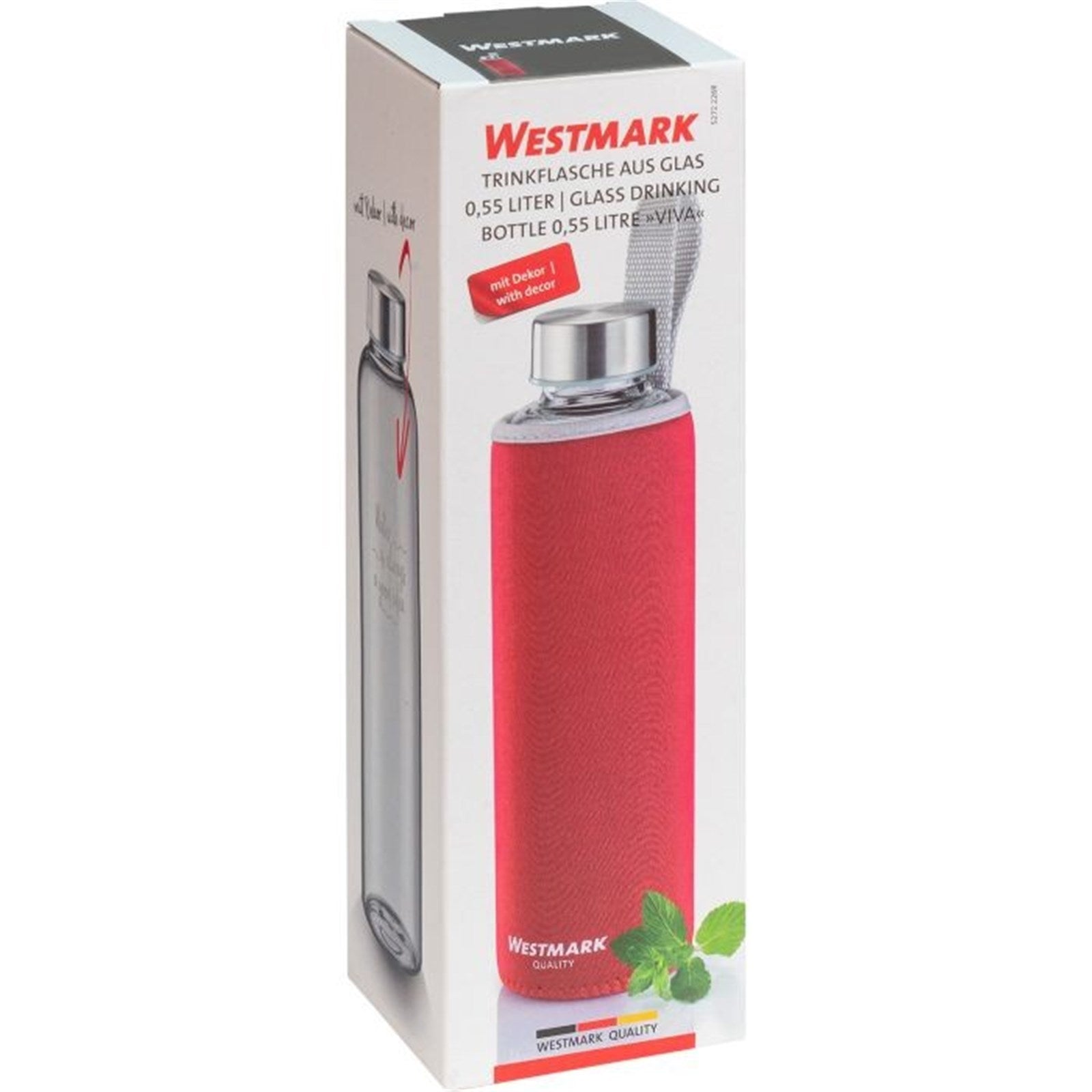 Elegante Glas-Trinkflasche Viva 0,55 l von Westmark, mit rotem Schutzcover, ideal für unterwegs, nachhaltig und praktisch.