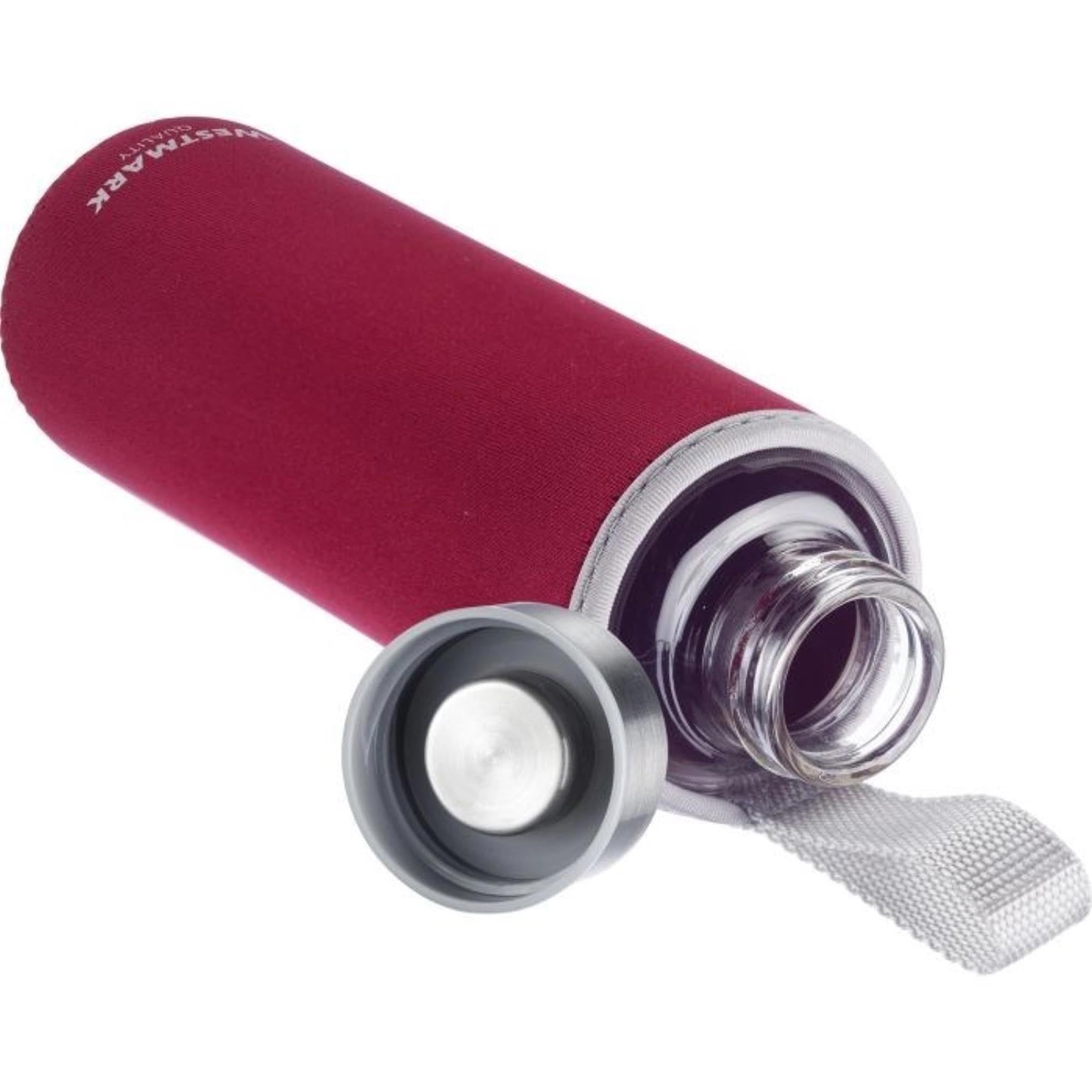 Stilvolle 0,55 l Glas-Trinkflasche mit rotem Cover von Westmark, perfekt für unterwegs. Praktisch, hochwertig und umweltfreundlich.