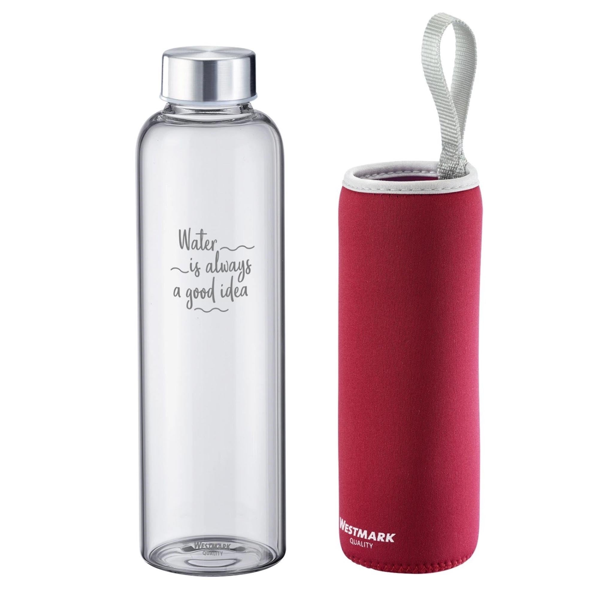 Entdecken Sie die umweltfreundliche Trinkflasche Viva aus Glas (0,55 l) mit rotem Silikon-Cover von Westmark. Ideal für Büro, Sport und unterwegs!