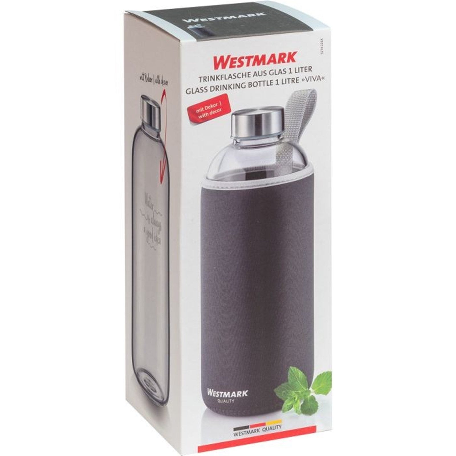 Glas-Trinkflasche 1L mit schützendem anthrazitfarbenem Cover, stilvoll und praktisch, ideal für unterwegs, von Westmark.