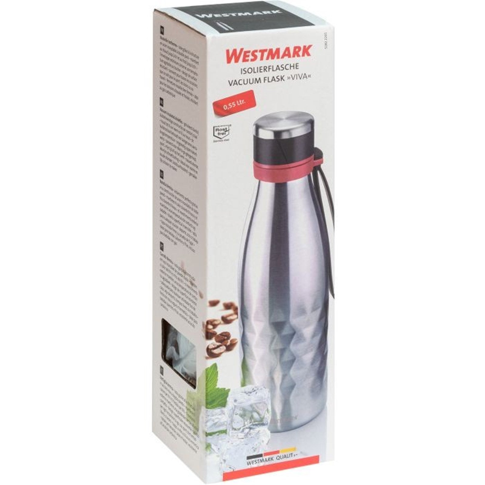 Die Isolierflasche Viva von Westmark (0,55 l) in Silber hält Getränke unterwegs warm oder kalt und überzeugt durch ihr modernes Design.