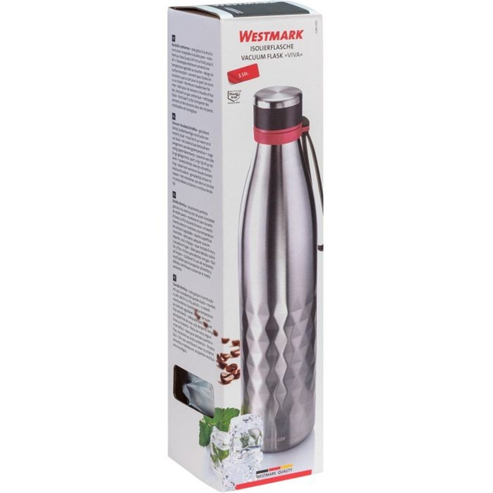 Die Viva Isolierflasche (1 l) von Westmark in Silber hält Getränke warm oder kalt, perfekt für Reisen, langlebig und funktional.