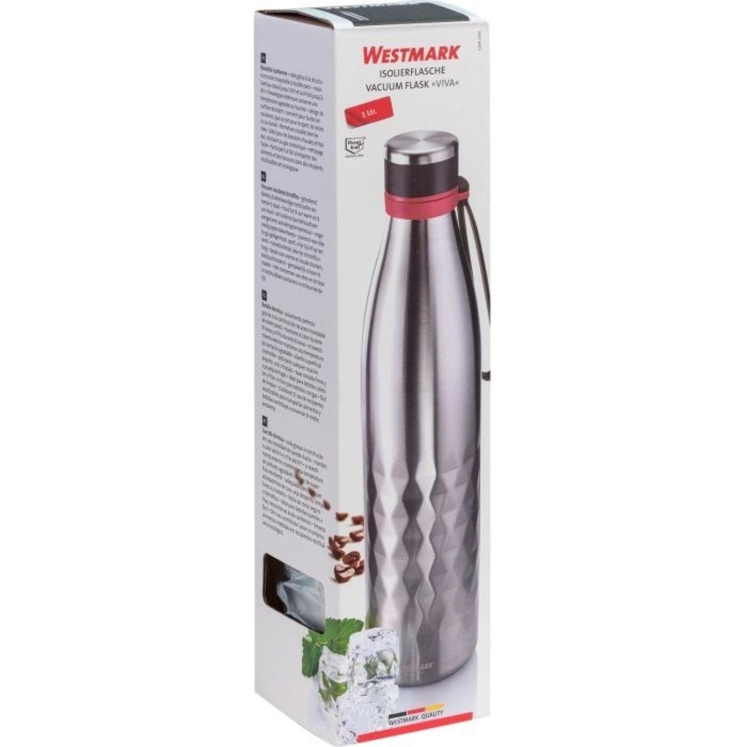 Stilvolle 1 l Isolierflasche Viva in Silber von Westmark, perfekt für unterwegs, hält Getränke lange heiß oder kalt.