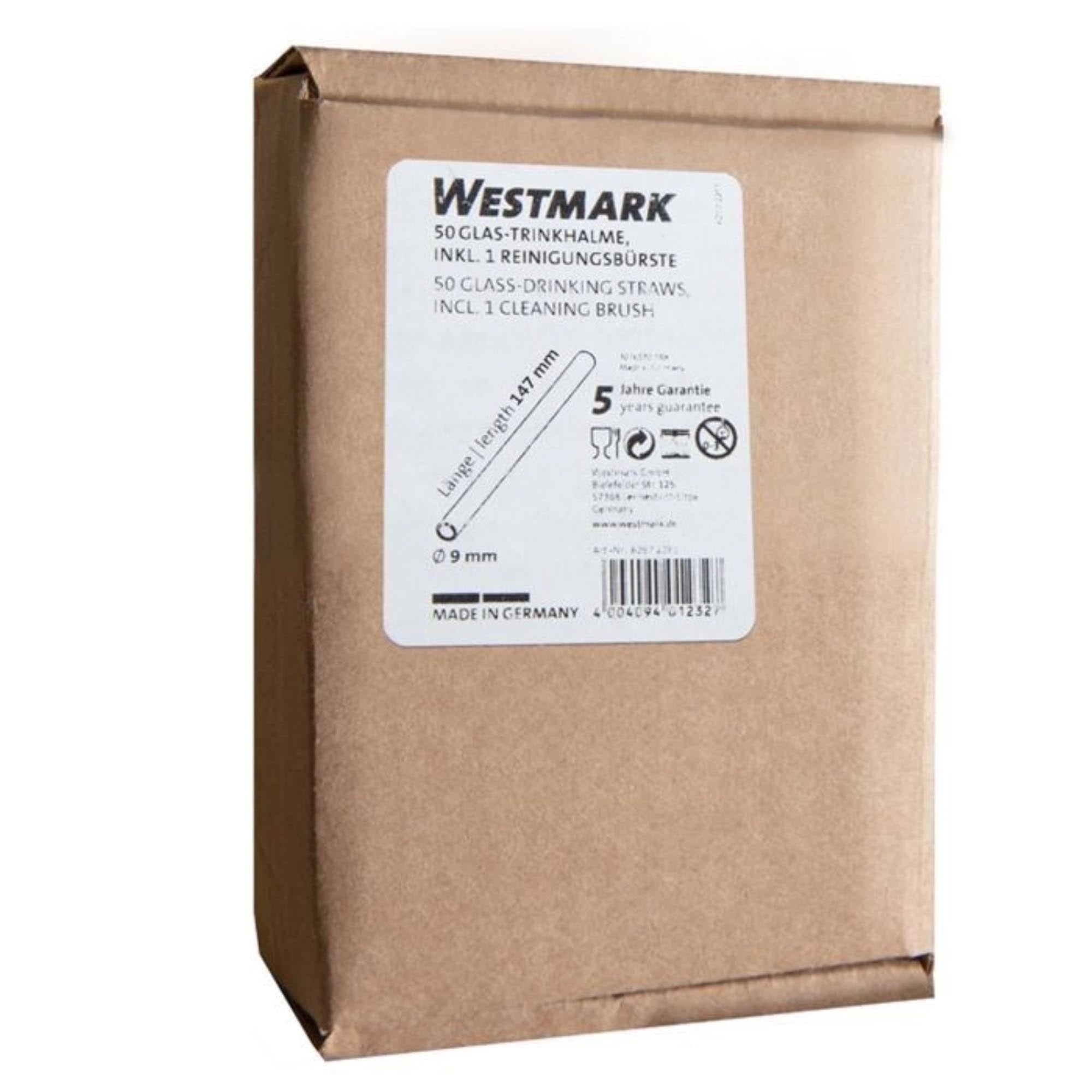 Set aus 50 geraden Glas-Trinkhalmen (147 mm) inkl. Reinigungsbürstchen von Westmark – umweltfreundlich und perfekt für diverse Getränke.
