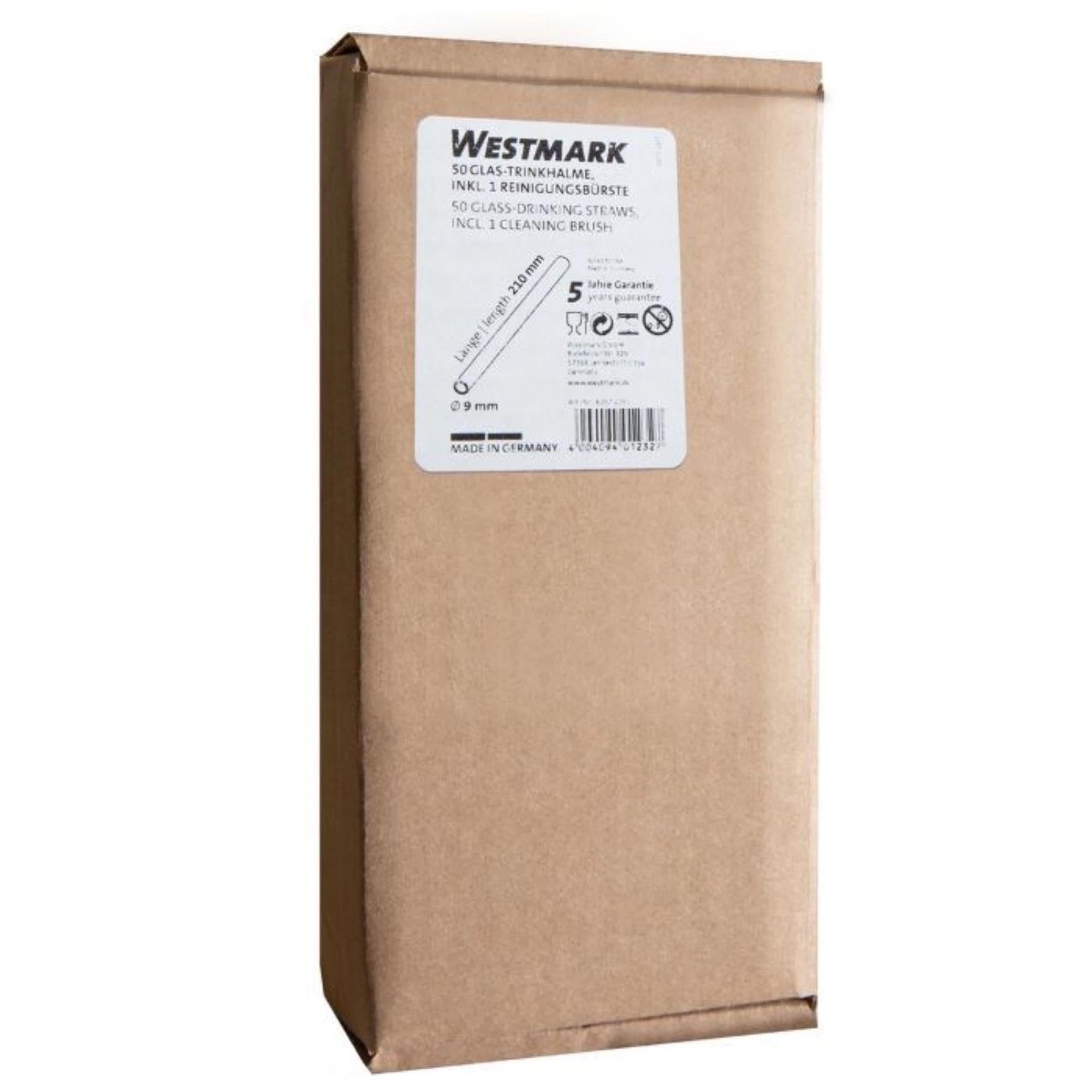 50 wiederverwendbare Glas-Trinkhalme (210 mm) mit Reinigungsbürstchen von Westmark – nachhaltig und umweltfreundlich.