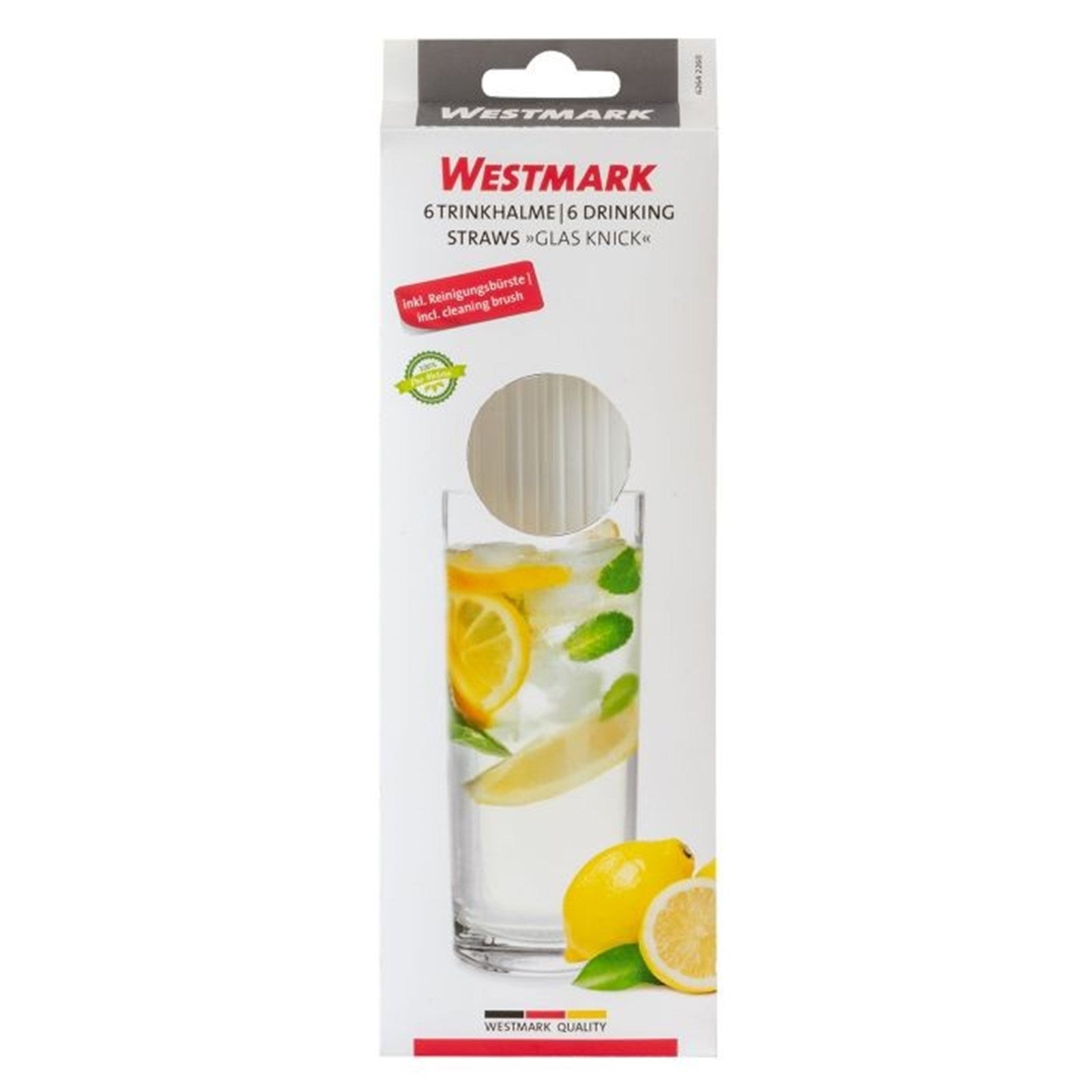 6 Glas-Trinkhalme, 200 mm, gebogen, inkl. Reinigungsbürste, langlebig, umweltfreundlich, ideal für nachhaltigen Genuss.