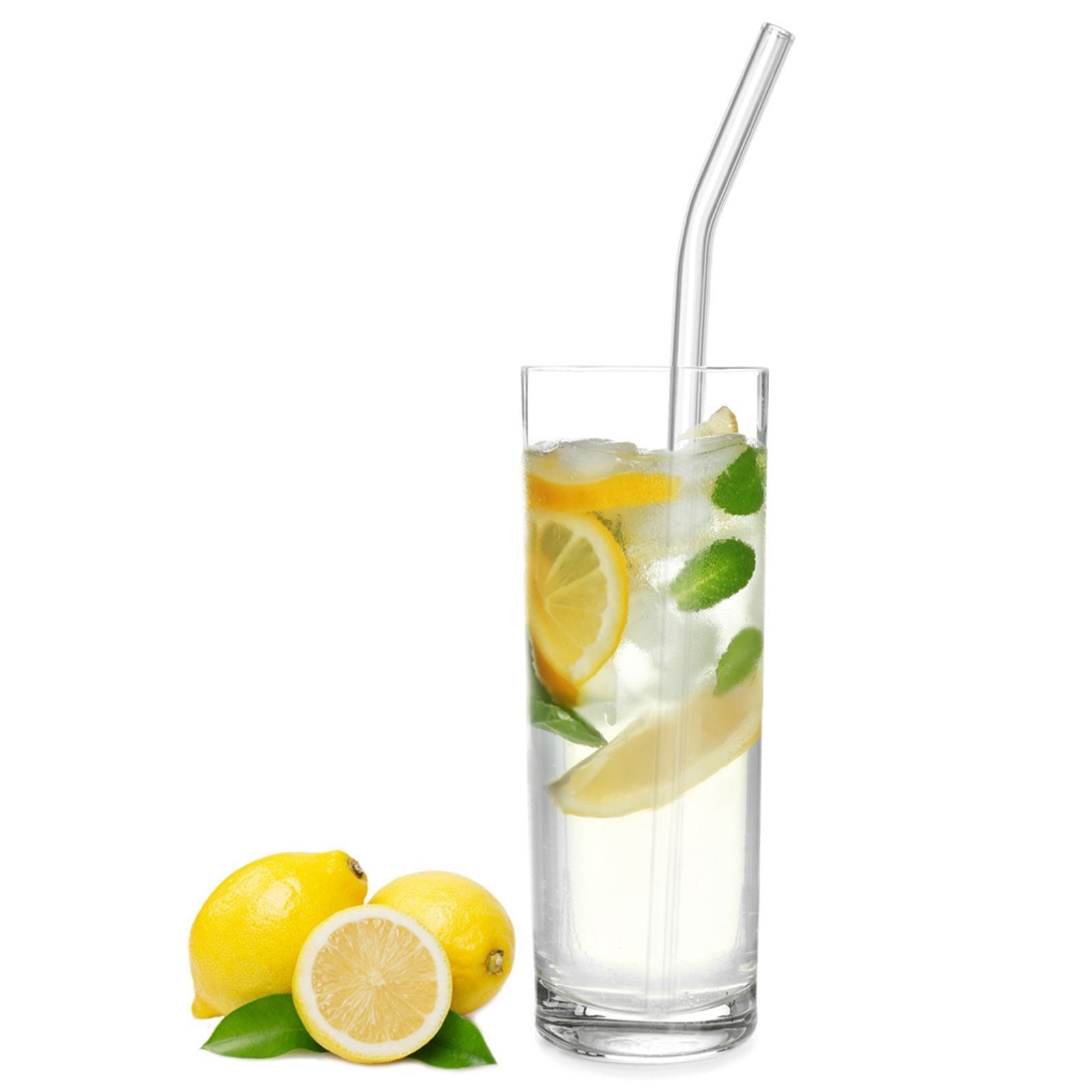 Set aus 6 gebogenen Glas-Trinkhalmen (200 mm) mit Reinigungsbürste, wiederverwendbar, umweltfreundlich, perfekt für nachhaltige Getränke.