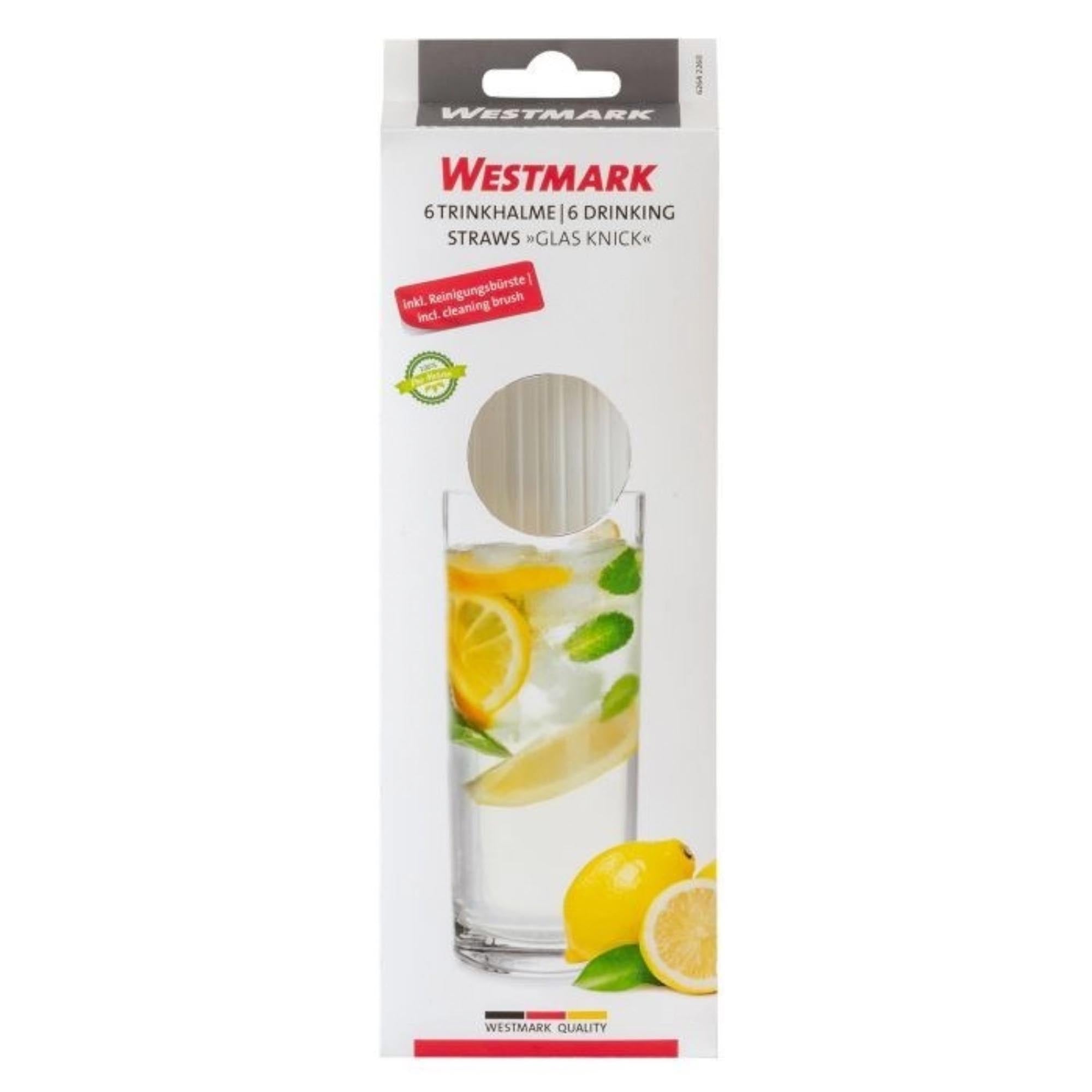 Set mit 6 gebogenen Glas-Trinkhalmen, 200 mm Länge, inkl. Reinigungsbürste, langlebig, umweltfreundlich und wiederverwendbar.