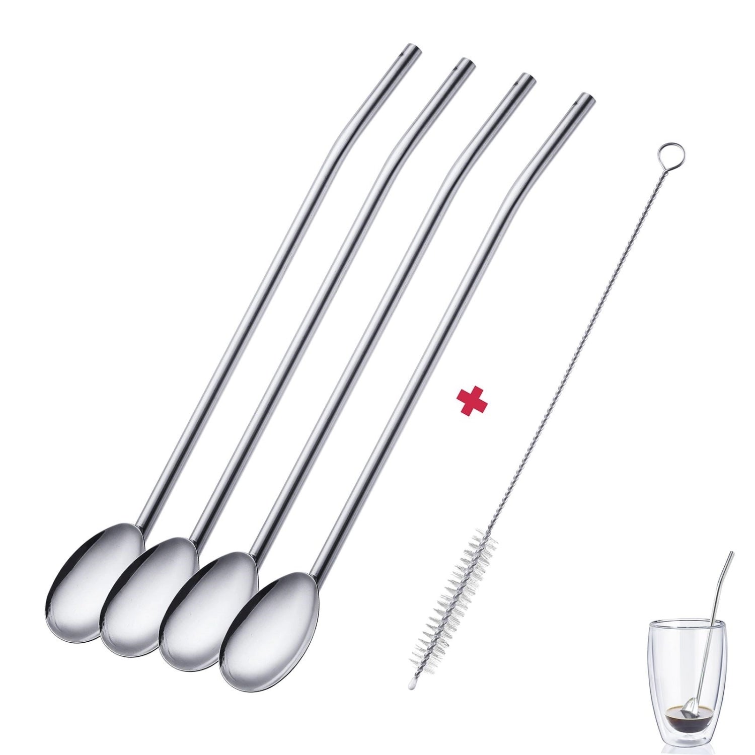 Praktisches Set aus 4 robusten Edelstahl-Trinkhalmlöffeln und einer Reinigungsbürste, ideal für umweltbewusste Genießer und vielseitige Getränke.