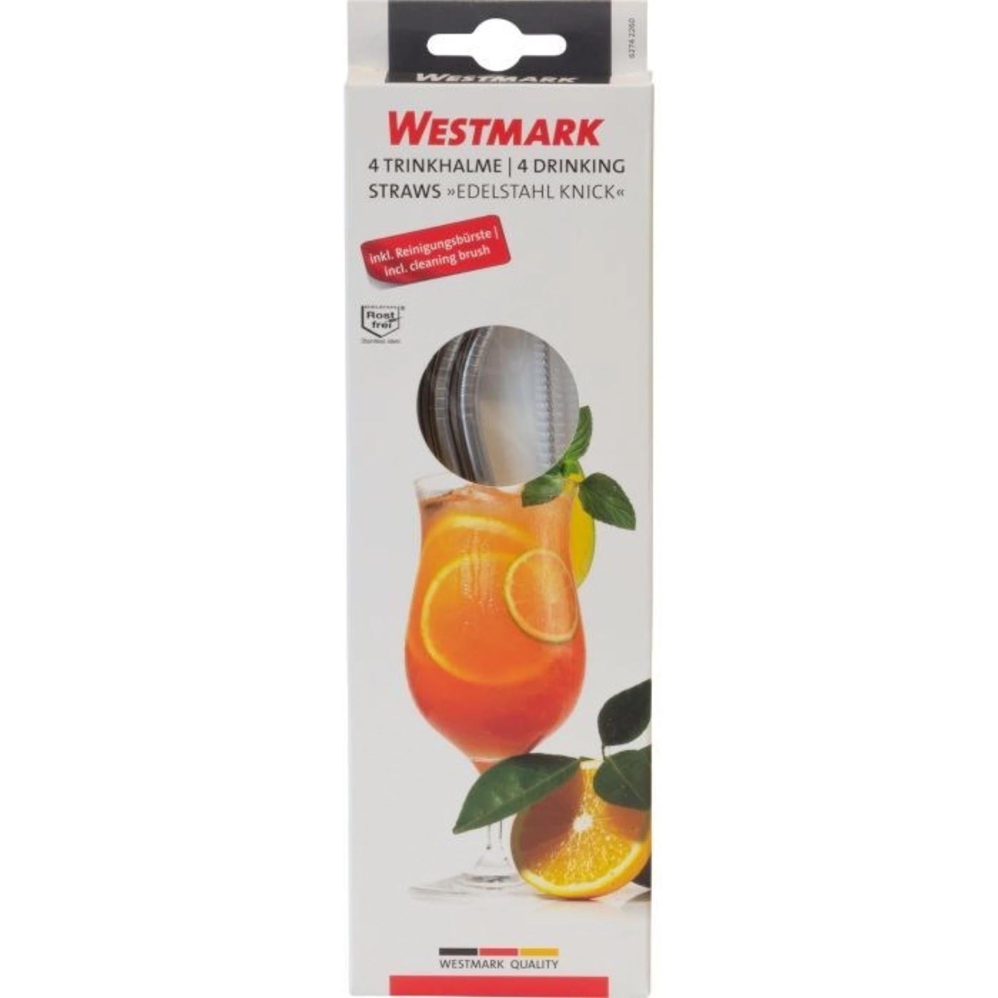 Set aus 4 Edelstahl-Trinkhalmen mit Knick und Reinigungsbürste, umweltfreundlich, robust und perfekt für diverse Getränke.
