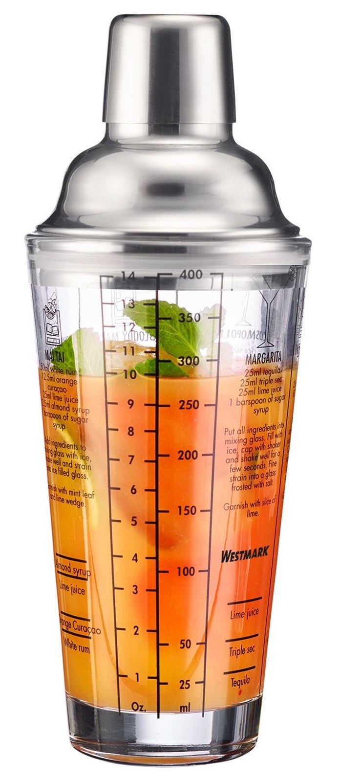 Eleganter Cocktail Shaker aus Glas (400ml) von Westmark, mit Rezeptskala, ideal für stilvolles Mixen und kreative Cocktailideen.
