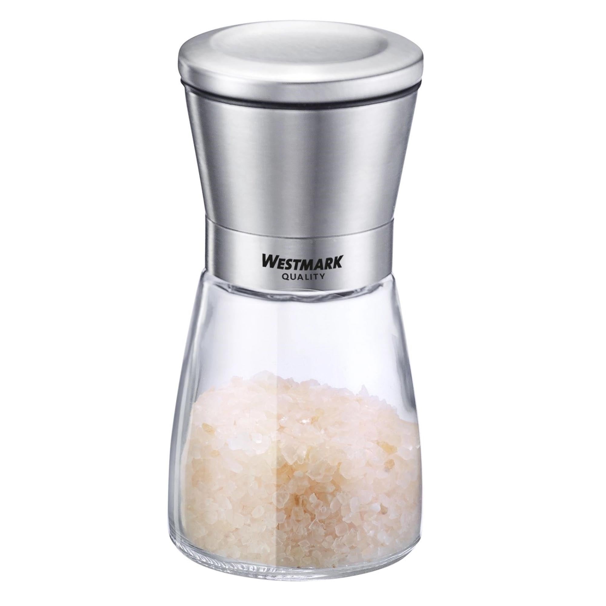 Stilvolle Menage mit zwei Edelstahl-Gewürzmühlen von Westmark, perfekt für Salz und Pfeffer, praktisch und elegant für den Esstisch.