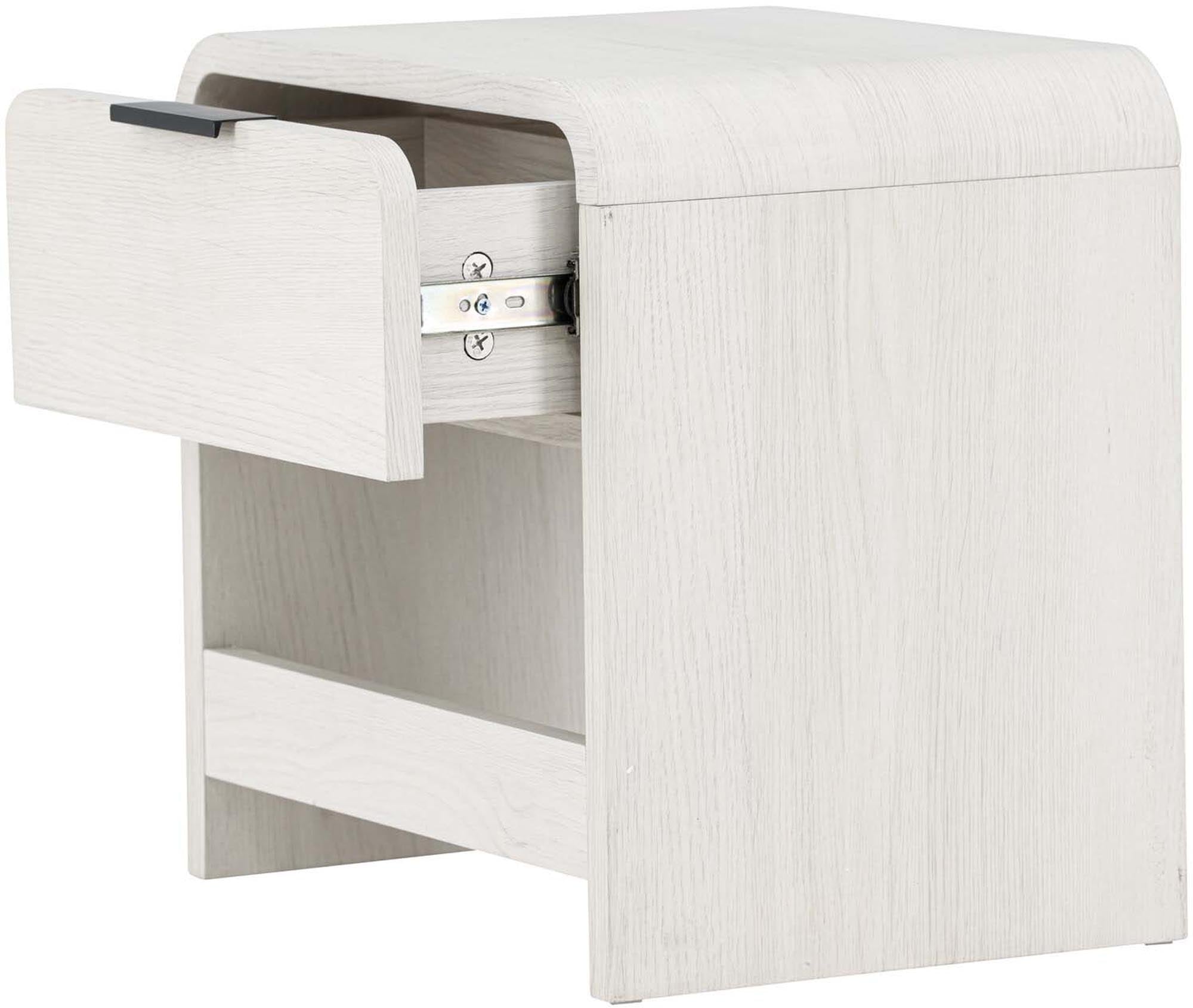 Eleganter Beistelltisch aus weissem MDF, ideal für kleine Räume. Mit Schublade für Ordnung und stilvollem Design.