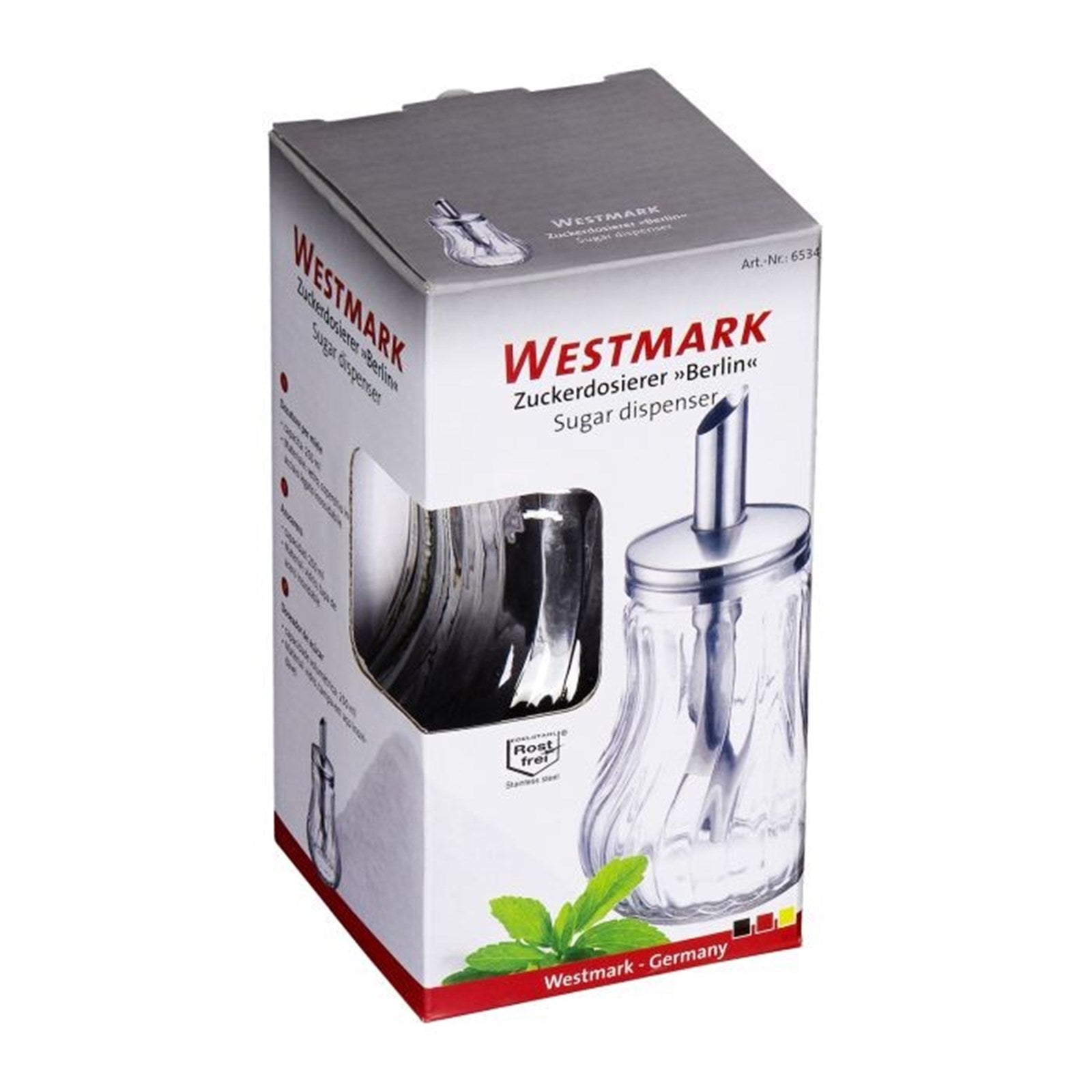 Eleganter Zuckerdosierer aus Glas und Edelstahl, 250ml, ideal für präzises Dosieren von Zucker, von Westmark.