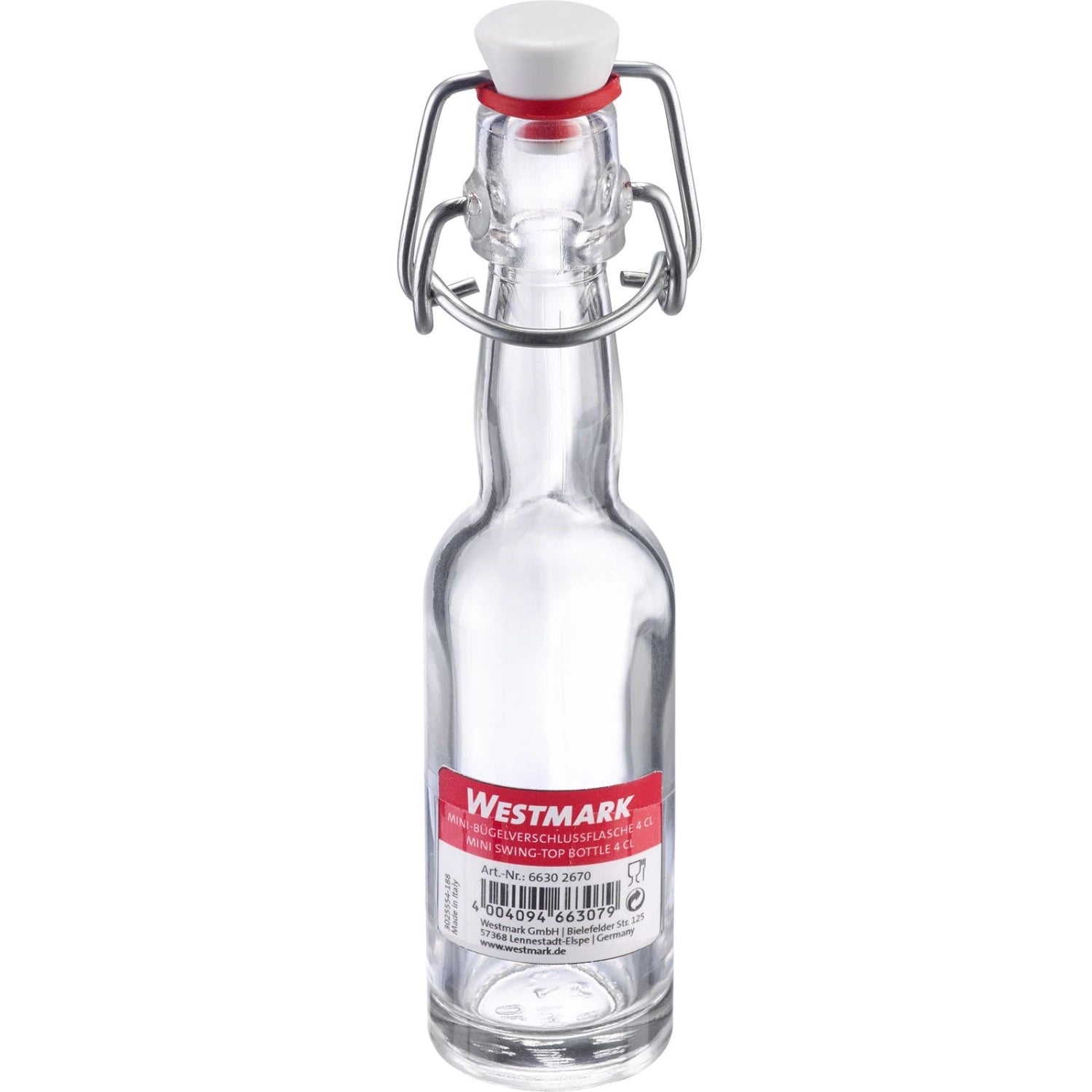 Runde Mini-Bügelverschlussflasche mit 40ml Fassungsvermögen von Westmark, ideal für kreative Aufbewahrung von Lebensmitteln und Bastelmaterialien.
