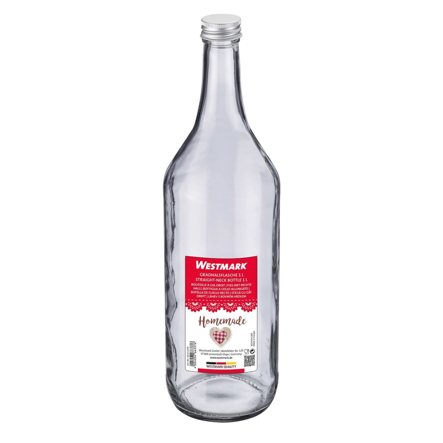 Hochwertige Gradhalsflasche mit 1 l Volumen und 28 mm Schraubverschluss, ideal für die Aufbewahrung und Einmachung von Lebensmitteln.