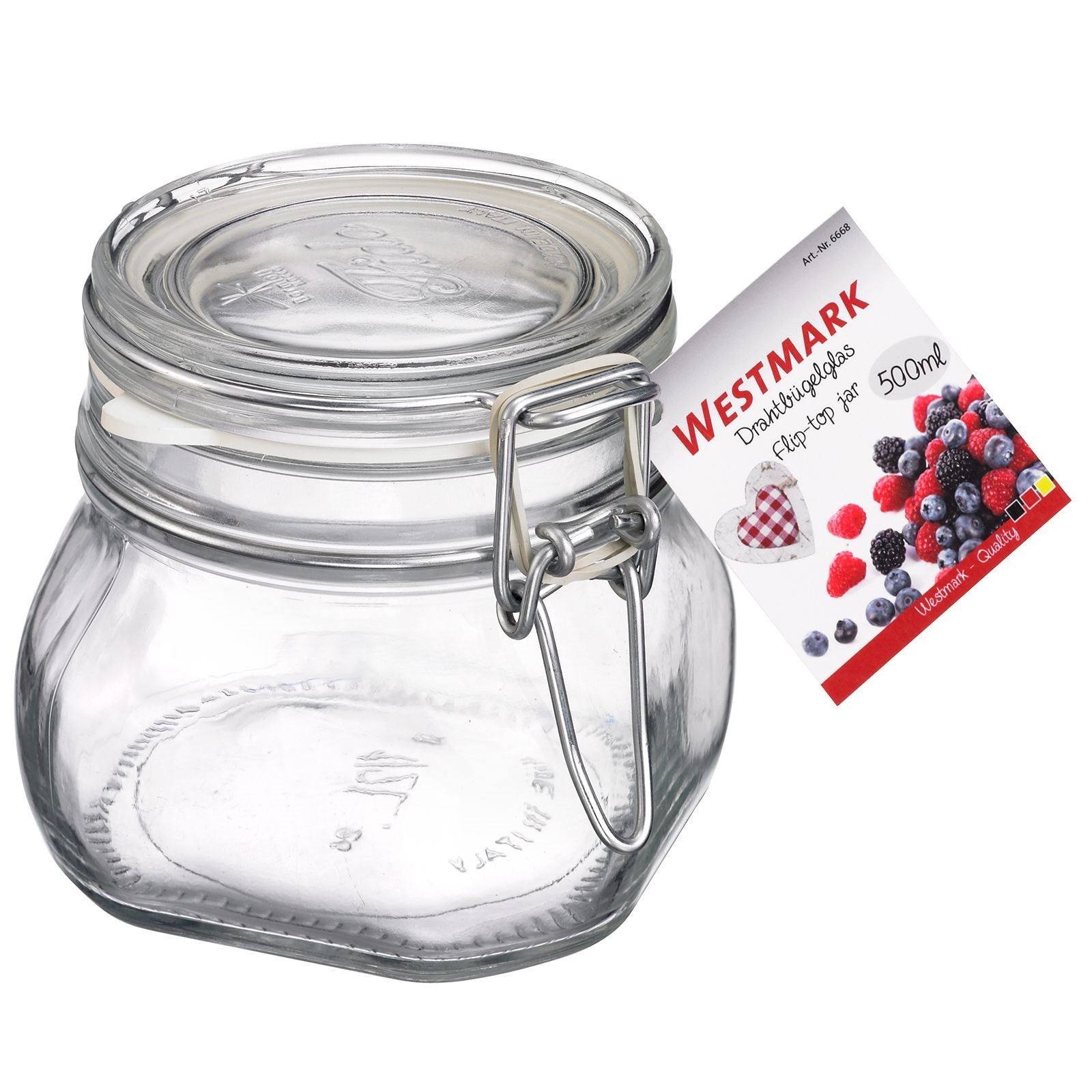 500ml Drahtbügelglas von Westmark, ideal zum Einmachen und Aufbewahren, mit robustem Bügelverschluss und 90mm Durchmesser.