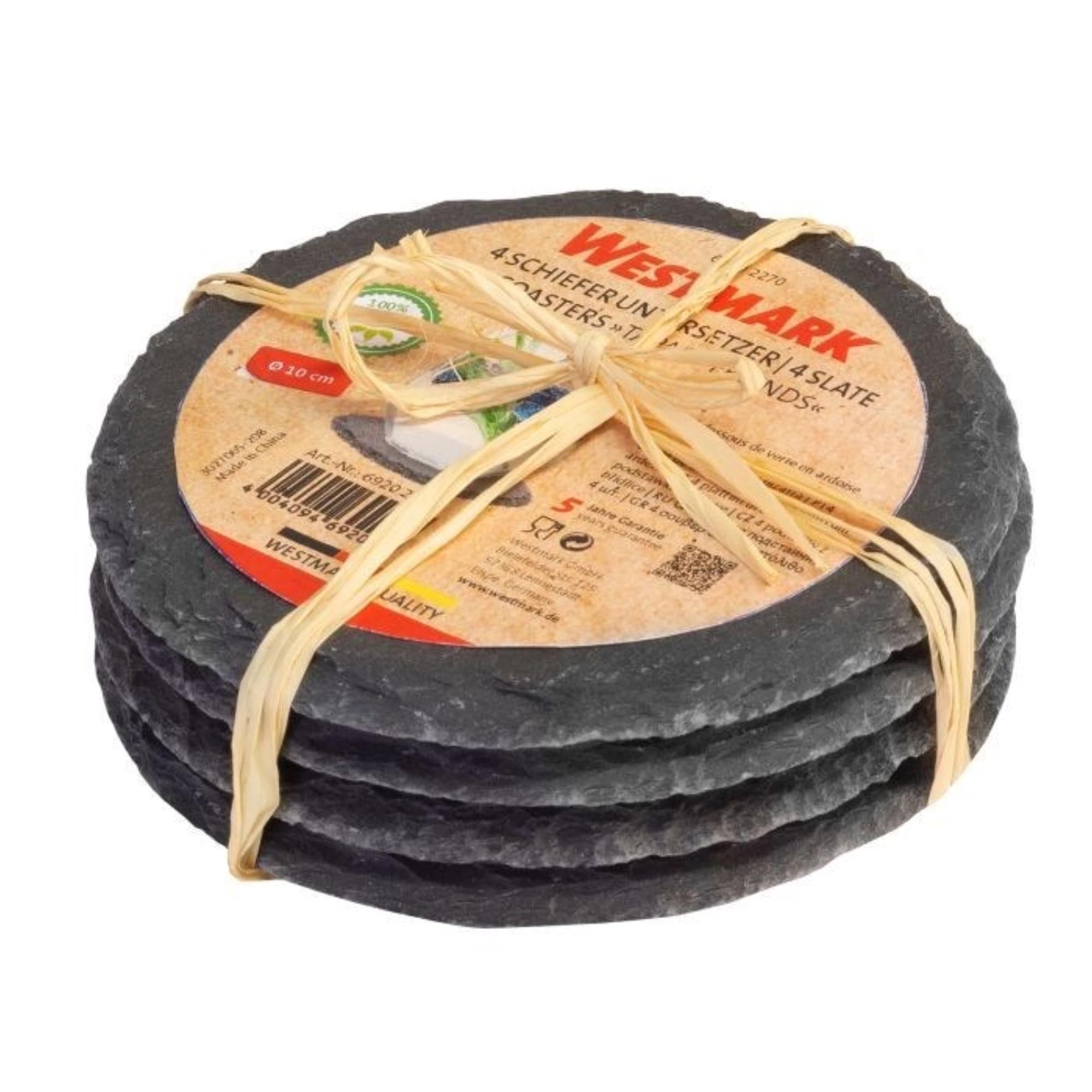 Elegantes 4er Set runde Naturschiefer-Untersetzer (Ø 10 cm) von Westmark, ideal für Gläser, schützt Oberflächen und dekoriert stilvoll.