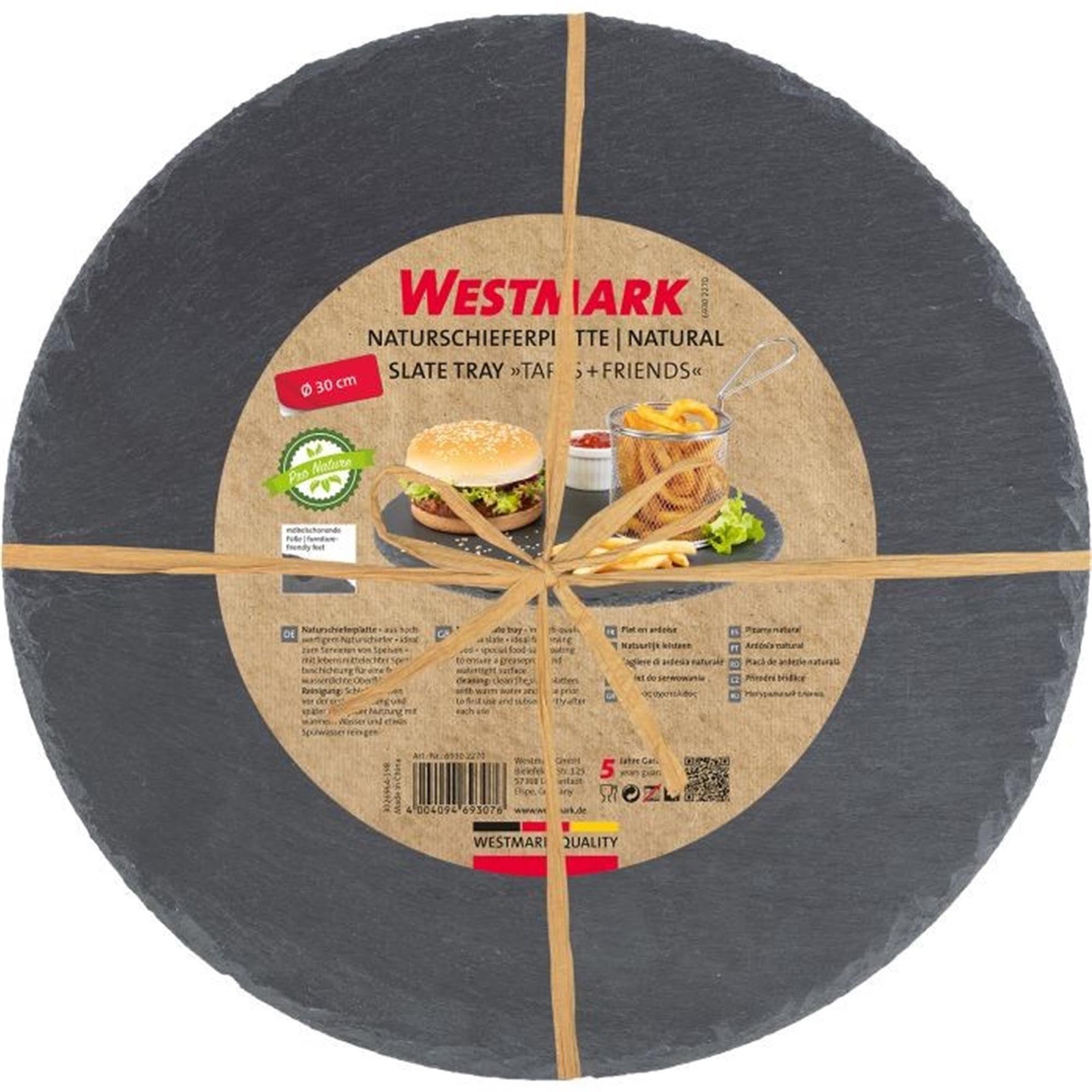 Runde Naturschieferplatte, ideal für Tapas und Snacks, 30 cm Durchmesser, stilvoll und praktisch für Servieren.