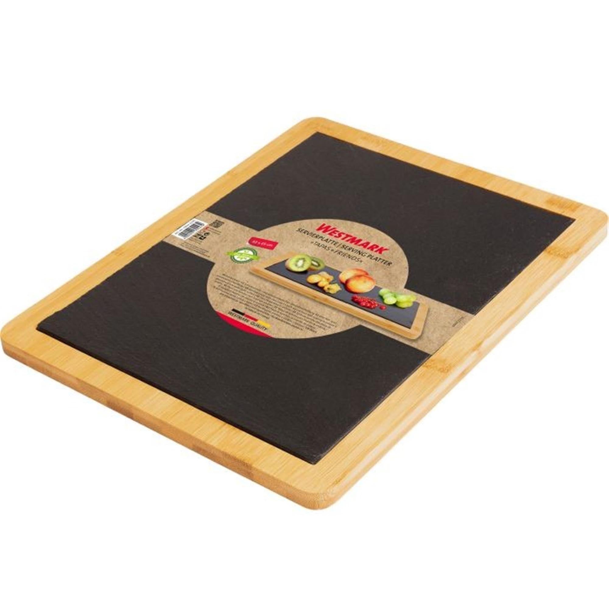 Stilvolle Servierplatte aus Schiefer und Bambus, 32x25 cm, ideal für Tapas und Snacks, bringt Eleganz auf jeden Tisch und ist perfekt für gesellige Anlässe.