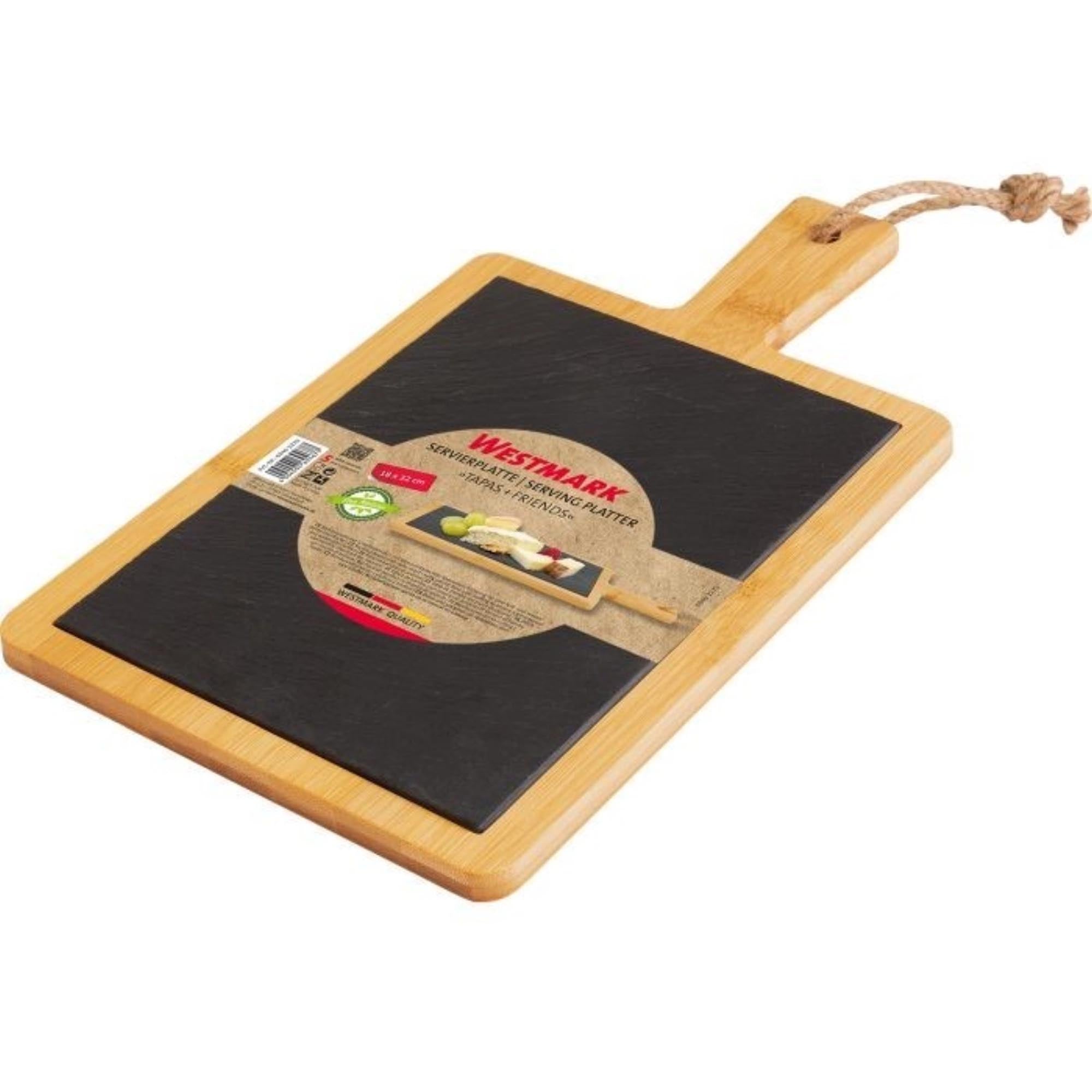 Stilvolle Servierplatte aus Schiefer und Bambus, 32x18 cm, ideal für Tapas und Snacks. Perfekt für modernes und elegantes Servieren.