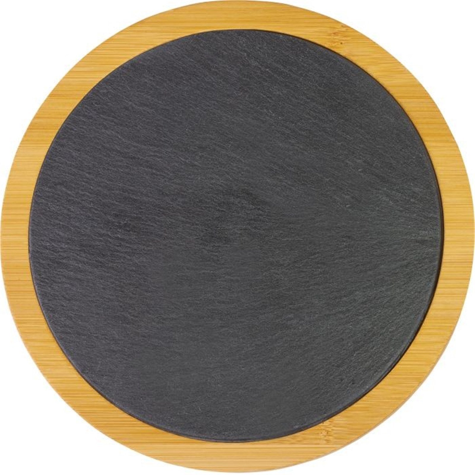 Runde Servierplatte aus Schiefer und Bambus, 28 cm, perfekt für Tapas und Snacks, vereint modernes Design mit praktischer Nutzung.