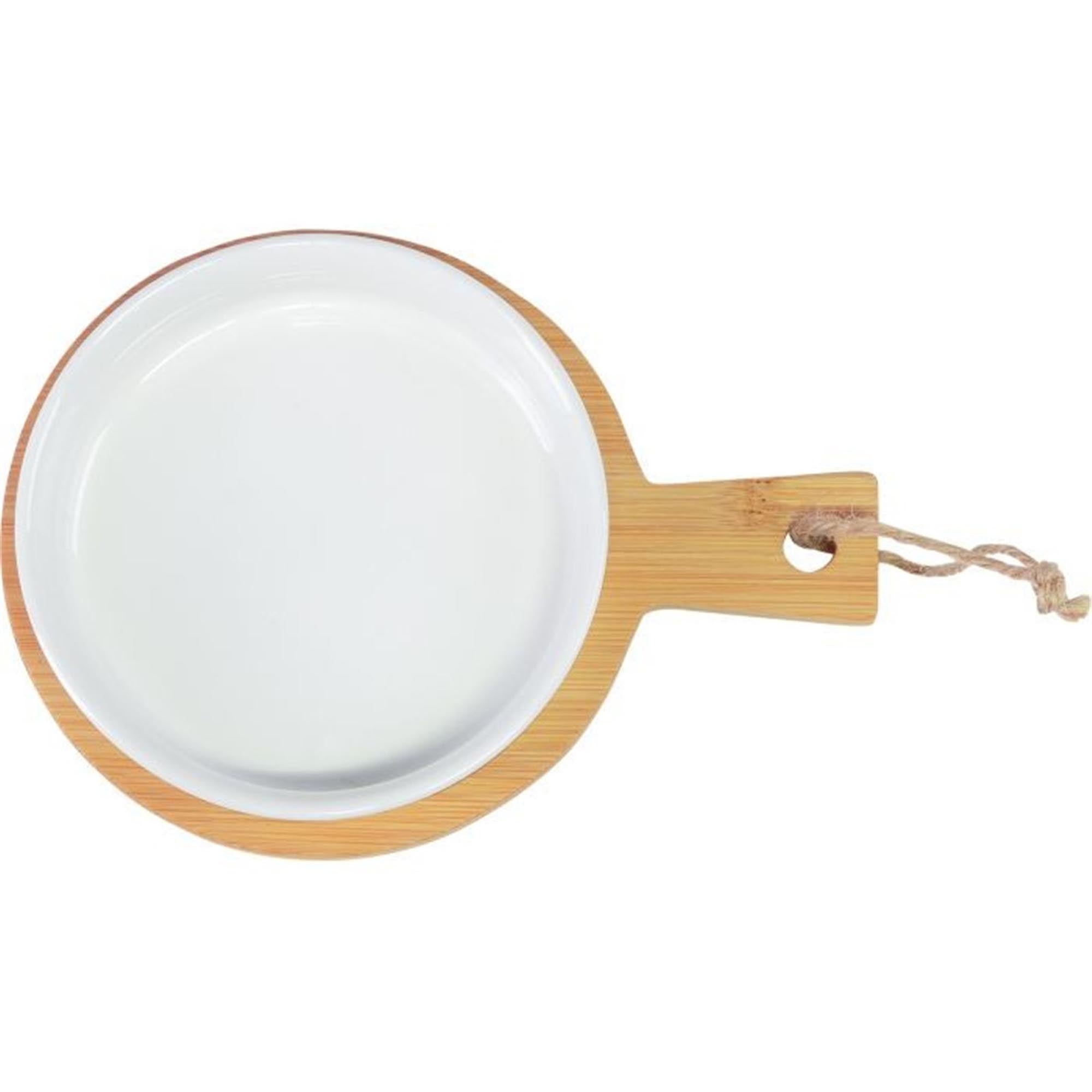 Elegantes Keramikschälchen-Set auf Bambusunterlage, ideal für Tapas und Snacks, Durchmesser 11 cm, von Westmark.