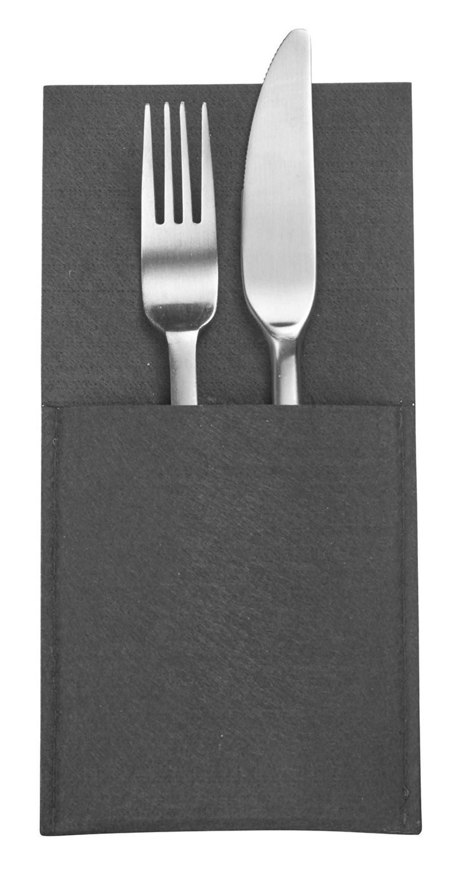 Stilvolles 4er Set Bestecktaschen in anthrazit aus robustem Polyester, ideal für elegante Tischdekorationen und den täglichen Einsatz.