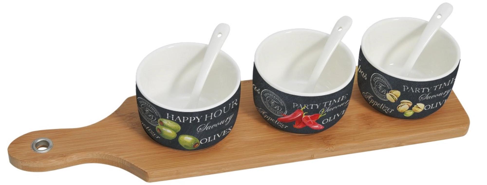 World of Party Appetizer Set with 3 bowls and bamboo tablet