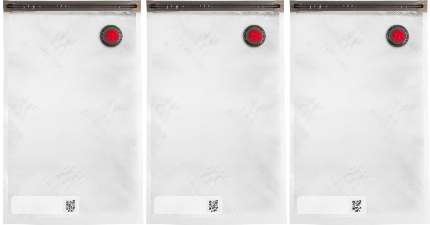 Entdecken Sie das Vakuum Beutelset S von Zwilling: 10 luftdichte Beutel (23x20 cm, 1.25L) für platzsparende, hygienische Aufbewahrung von Kleidung und mehr.