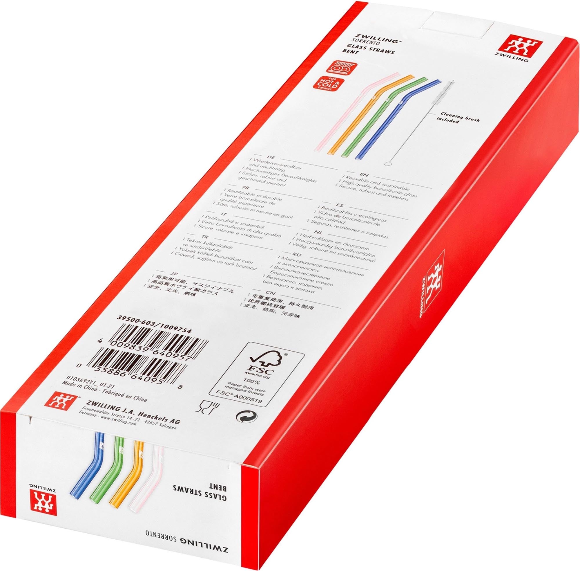 Genießen Sie stilvolle Getränke mit den farbigen, gebogenen Glas-Strohhalmen im 4er Set von Zwilling Kitchen. Inklusive Reinigungsbürste für einfache Pflege.