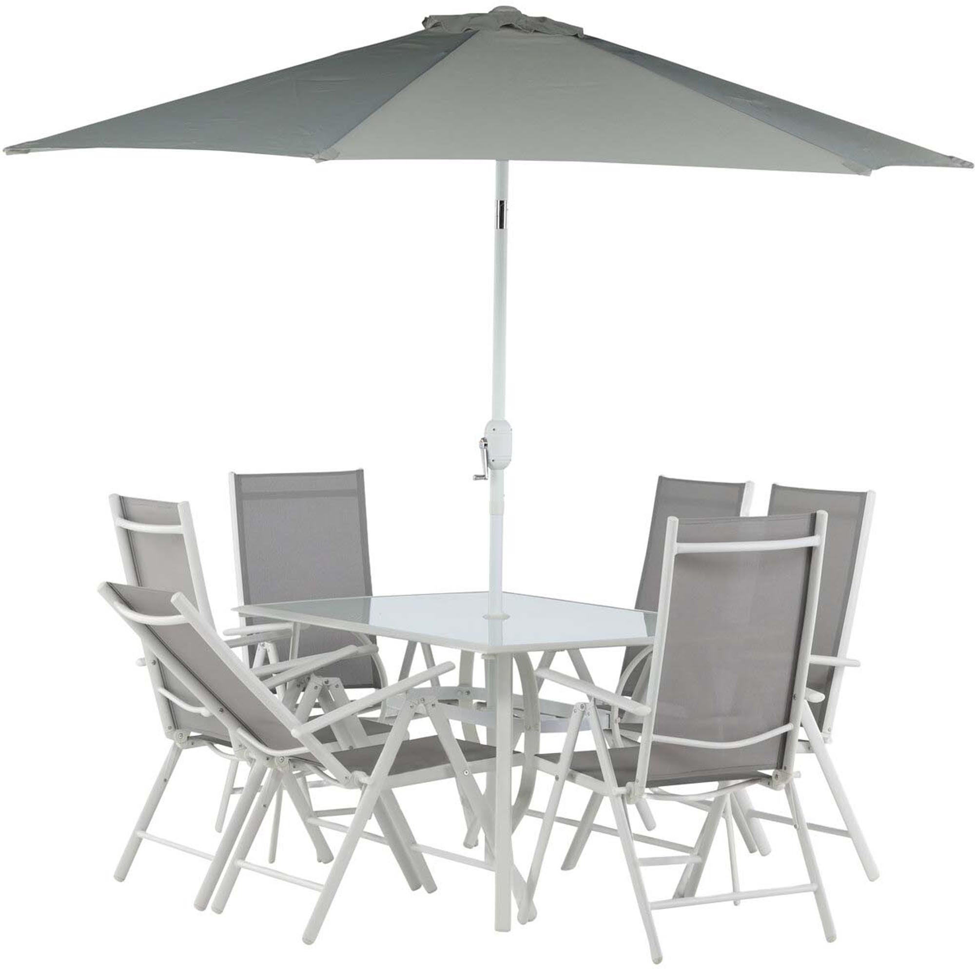 Entdecken Sie das stilvolle Brecky Outdoor-Tischset von Venture Home – ideal für gesellige Mahlzeiten im Freien mit Platz für 6 Personen.