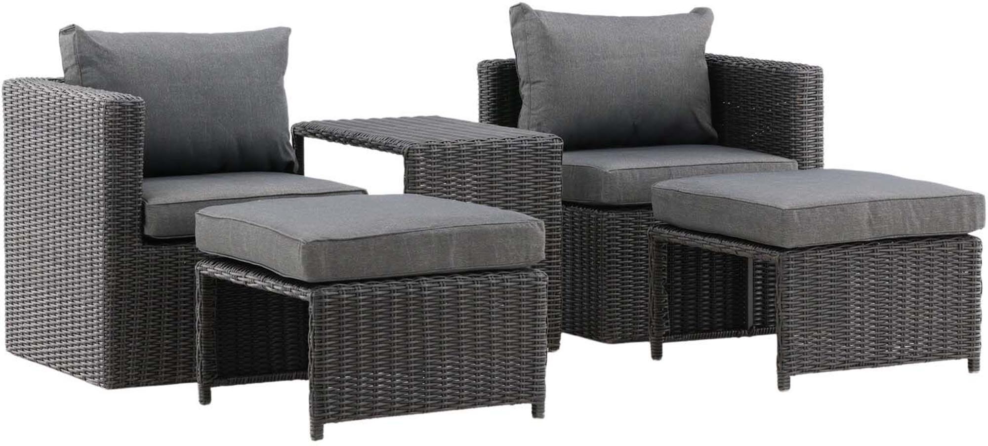 Elegantes Quad Lounge Outdoorset von Venture Home: Schwarzes Kunstrattan, UV-beständig, komfortabel, ideal für stilvolle Aussenbereiche.