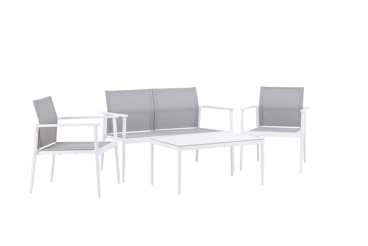 Weisses Break Sofa Outdoorset von Venture Home mit Aluminiumrahmen und grauem Textilene-Bezug, Loungeset für den Aussenbereich