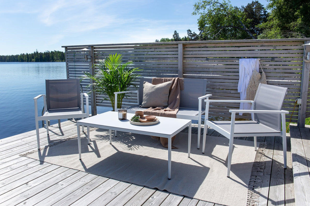 Weisses Break Sofa Outdoorset von Venture Home mit Aluminiumrahmen und grauem Textilene-Bezug, Loungeset für den Aussenbereich
