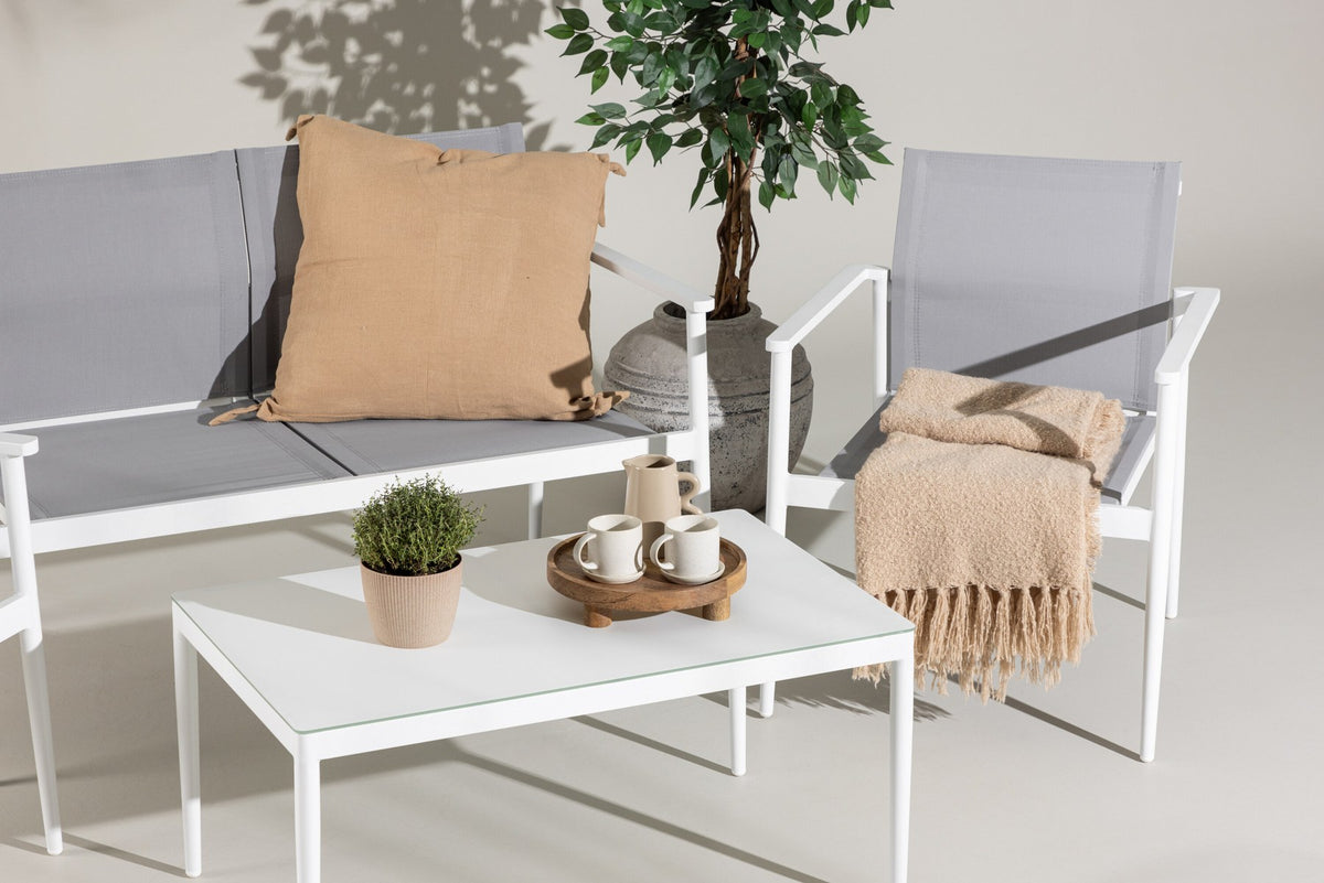 Weisses Break Sofa Outdoorset von Venture Home mit Aluminiumrahmen und grauem Textilene-Bezug, Loungeset für den Aussenbereich
