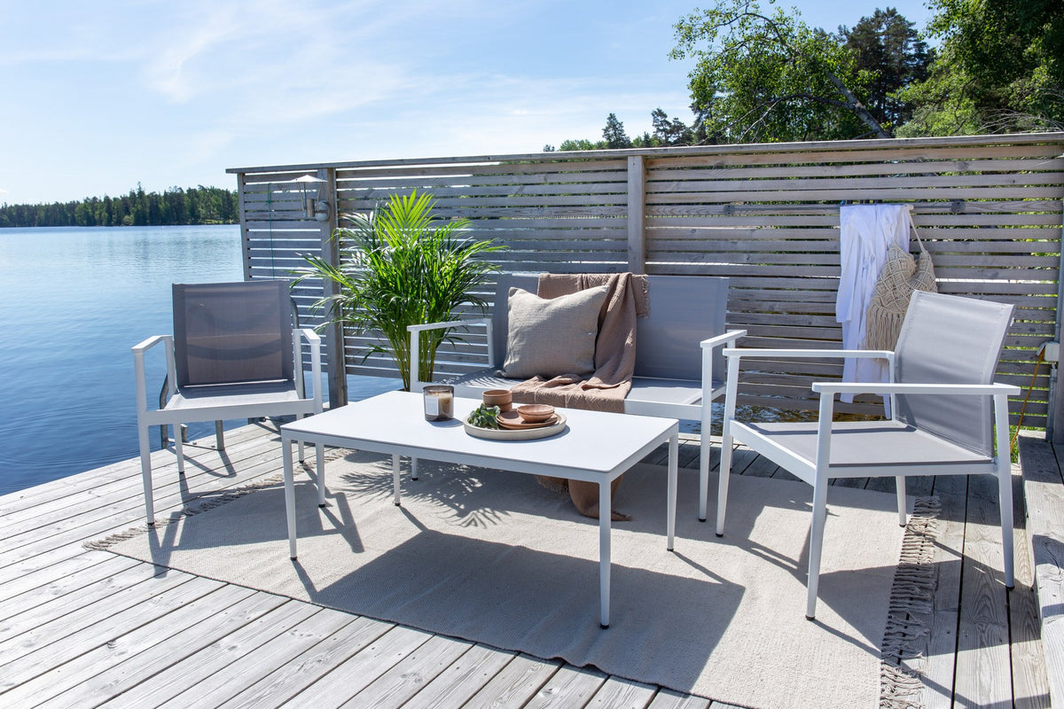 Weisses Break Sofa Outdoorset von Venture Home mit Aluminiumrahmen und grauem Textilene-Bezug, Loungeset für den Aussenbereich
