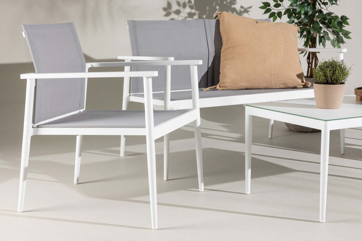 Weisses Break Sofa Outdoorset von Venture Home mit Aluminiumrahmen und grauem Textilene-Bezug, Loungeset für den Aussenbereich