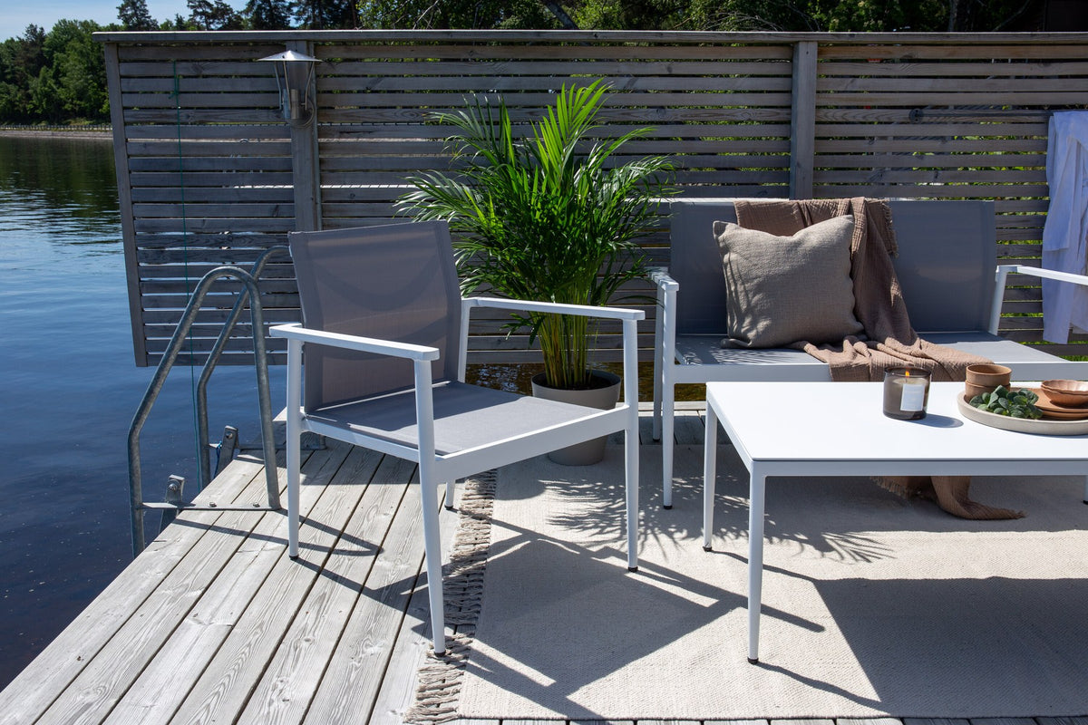 Weisses Break Sofa Outdoorset von Venture Home mit Aluminiumrahmen und grauem Textilene-Bezug, Loungeset für den Aussenbereich