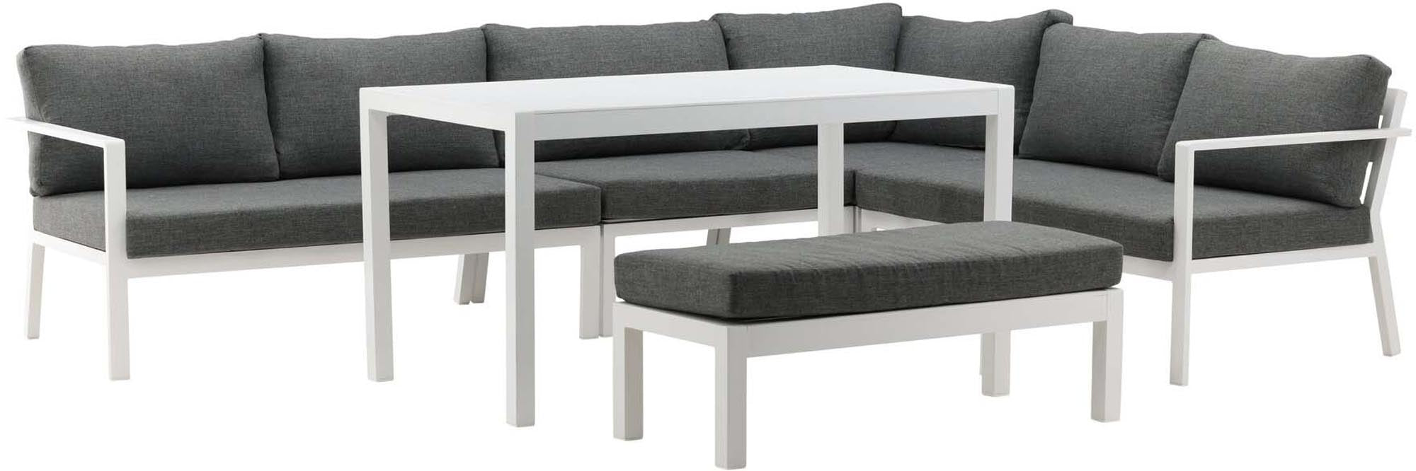 Ramos Ecksofa Outdoorset 140cm: Stilvolles Loungeset aus robustem Aluminium mit bequemen, wasserabweisenden Kissen für entspannte Stunden im Freien.