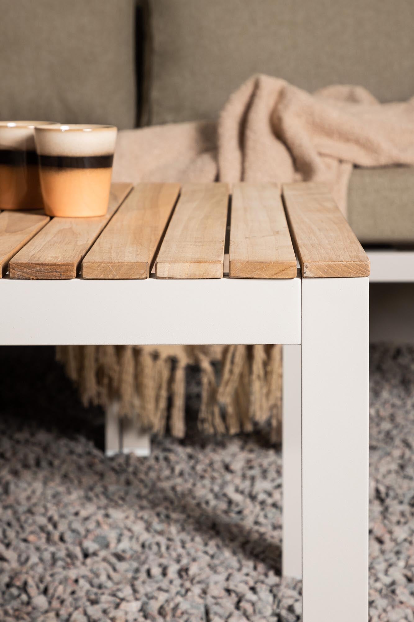 Eleganter Brasilia Beistelltisch von Venture Home: Robustes Aluminium und edles Teakholz für stilvolle Outdoor-Momente.