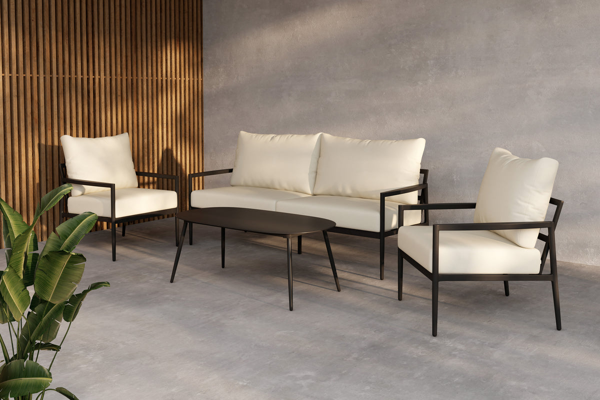 Modernes Loungeset mit schwarzem Aluminiumrahmen und beigen Polstern, perfekt für gemütliche Stunden auf der Terrasse oder im Garten.