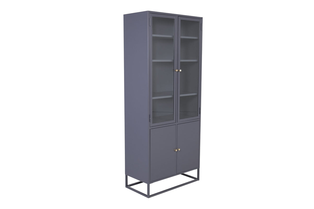 Bakal Cabinet von Venture Home, weisser Schrank aus Stahl mit zwei Glastüren oben und zwei geschlossenen Türen unten.