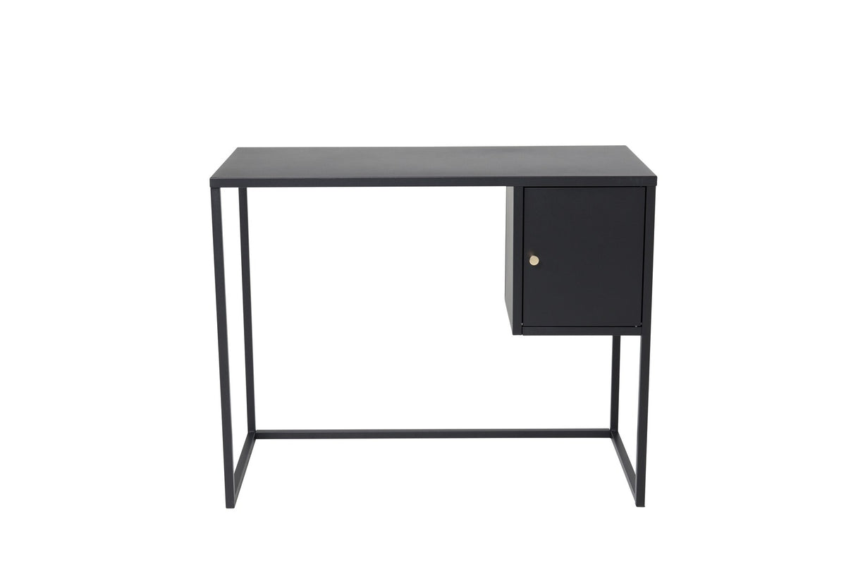 Schwarzer Schreibtisch Bakal Desk aus Stahl mit seitlichem quadratischem Schrank, Tür mit messingfarbenem Knauf und oberer Ablagefläche.